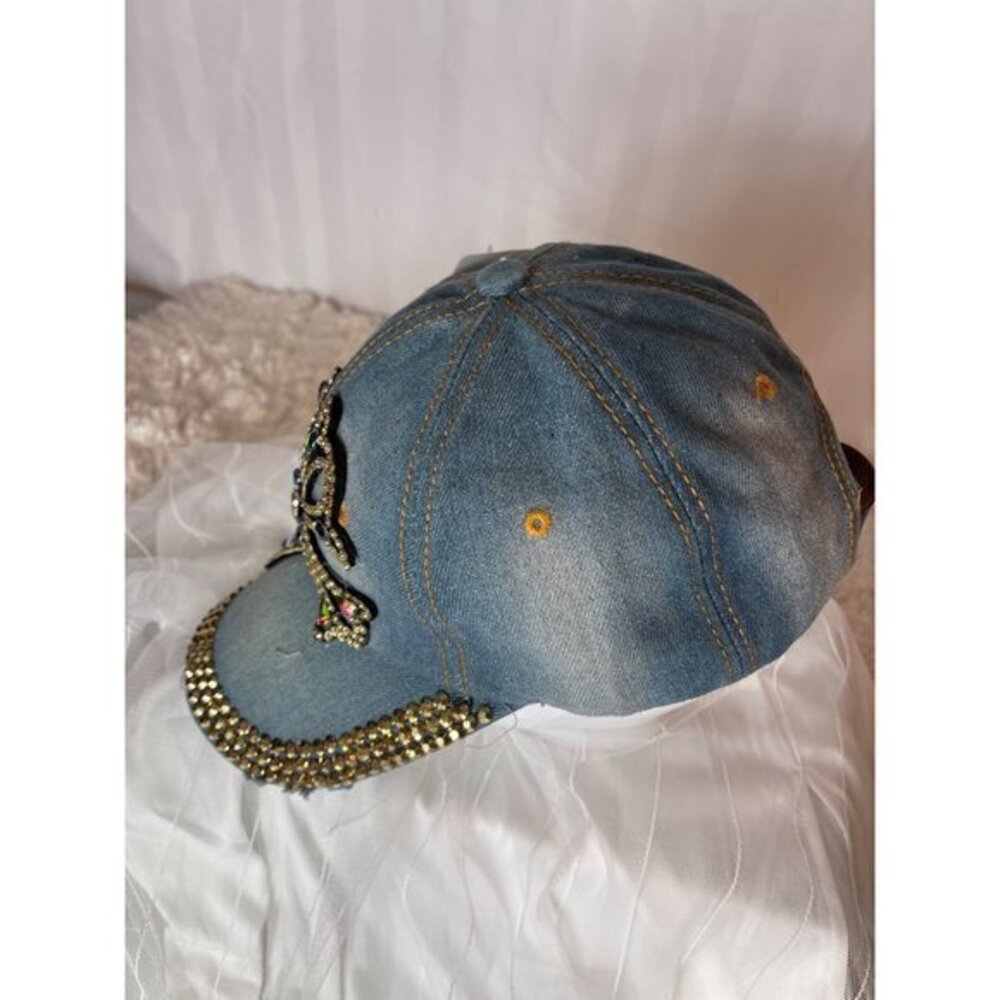 Distressed Denim Cross Rhinestone Bling Cap - Picture 8 of 8
